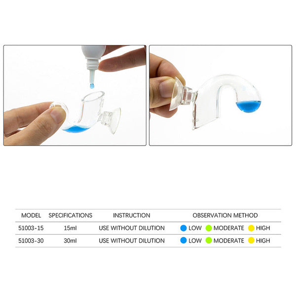 Demonstration of aquarium co2 drop checker with indicator solution followed by a chart with product specifications and usage instructions.