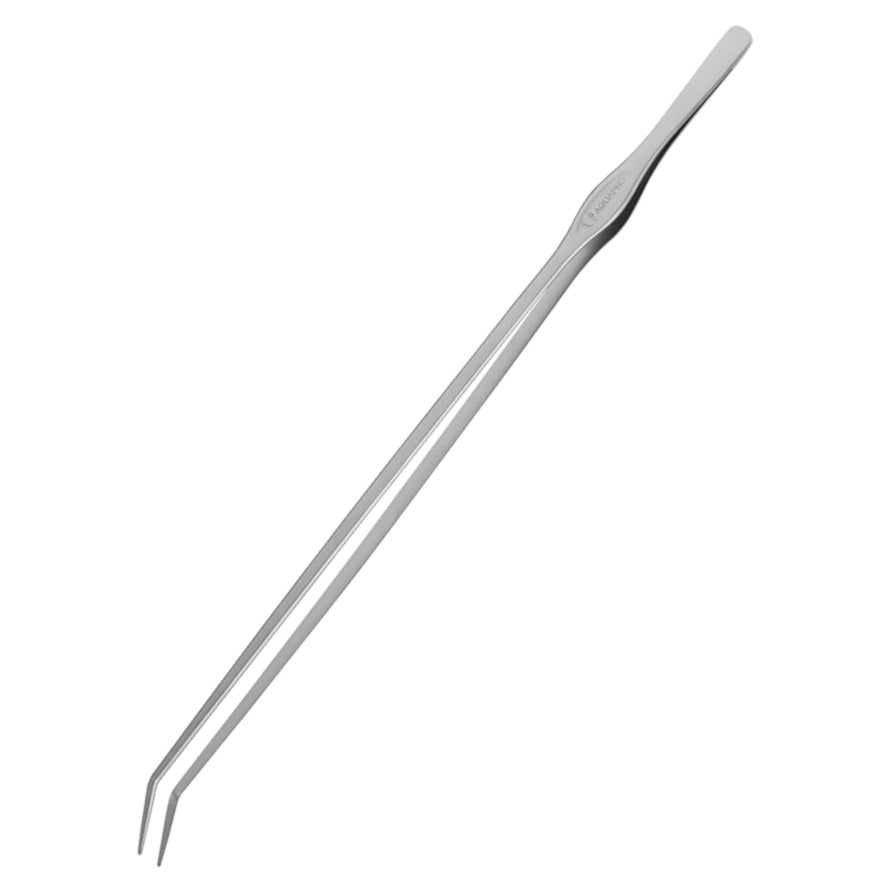 A pair of long, thin stainless steel tweezers with a curved tip, for aquarium use by aquapro.