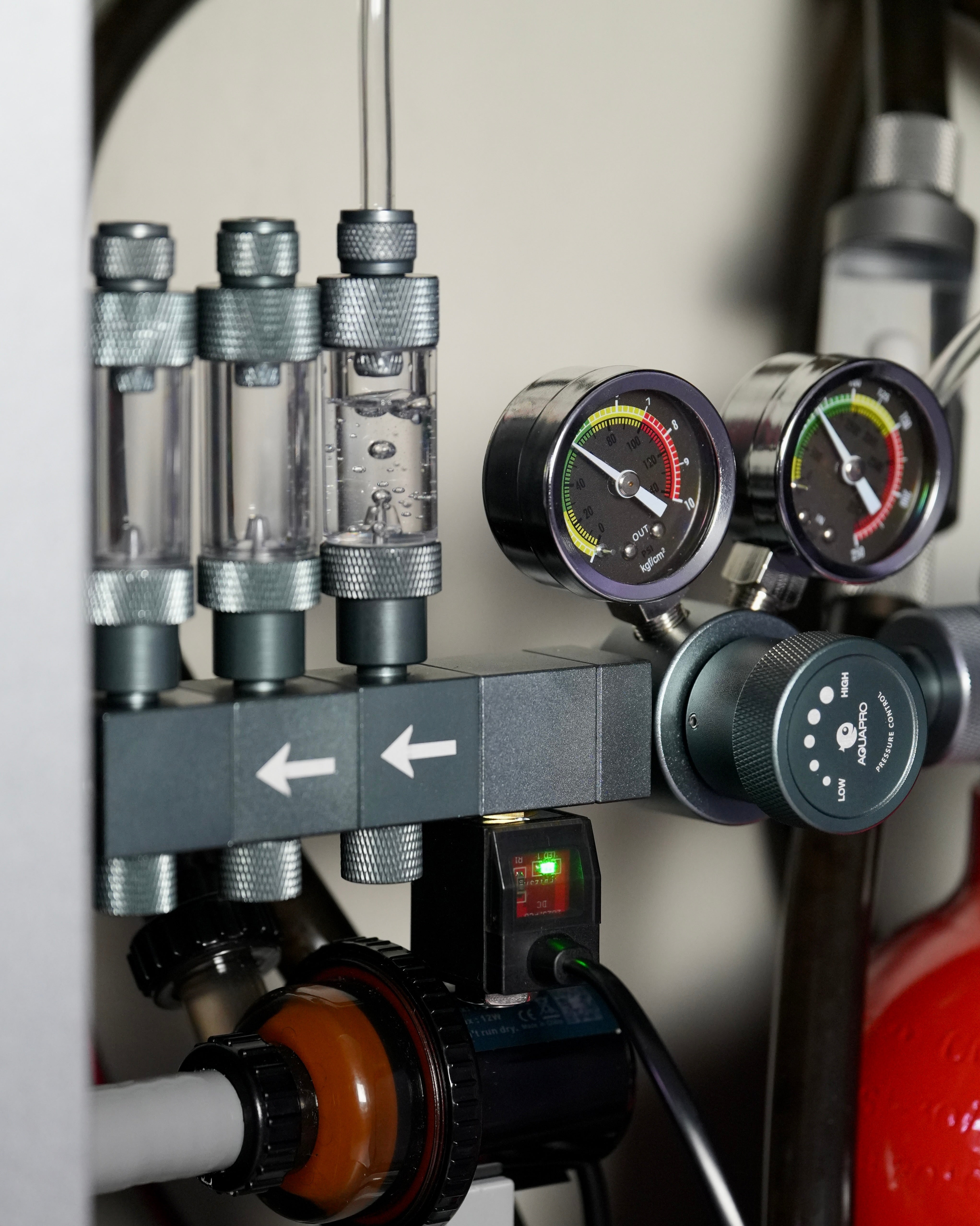 Close-up of an aquarium co2 system with gauges and pipes