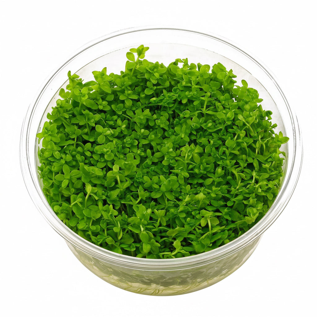 Fresh green hemianthus micranthemoides pearl weed aquarium carpeting plant in vitro in a clear round plastic container