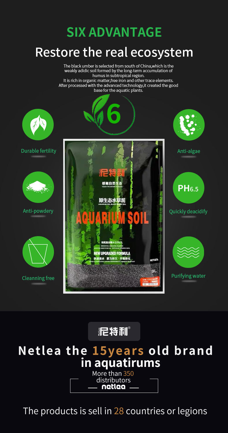 NETLEA V2 soil for aquarium soil with text and graphics on a dark background