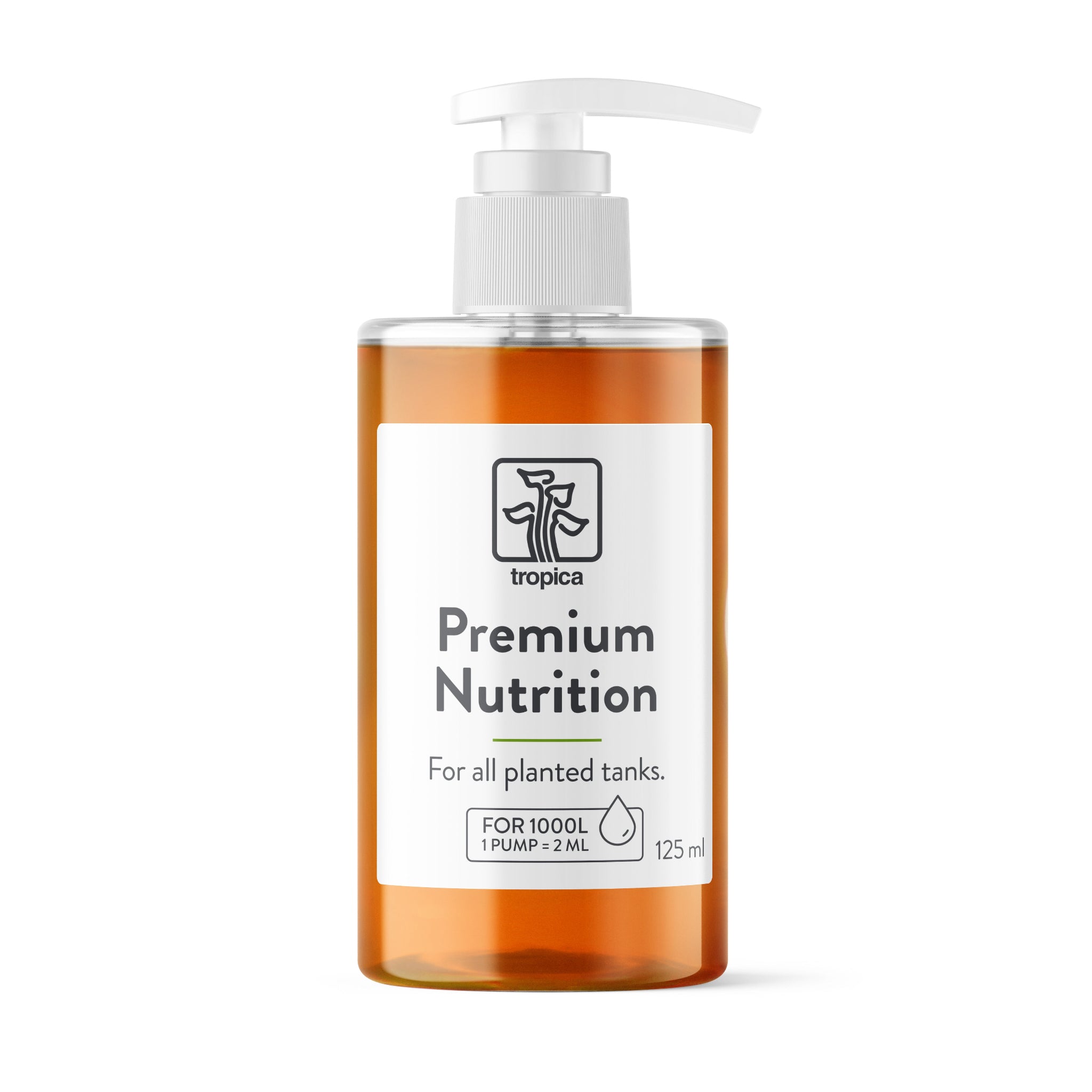 a bottle of orange tropica premium nutrition 125ml aquatic plant fertiliser with pump.