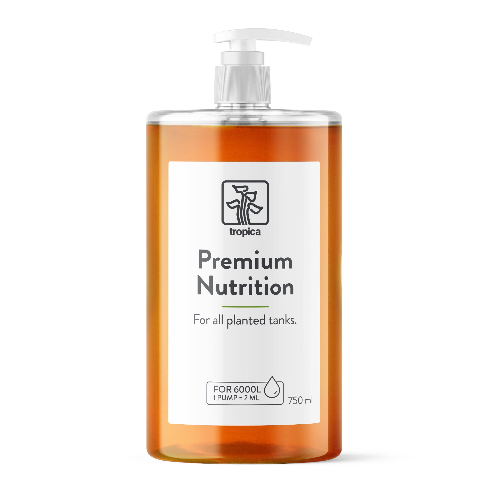 a bottle of orange tropica premium nutrition 750ml aquatic plant fertiliser with pump.