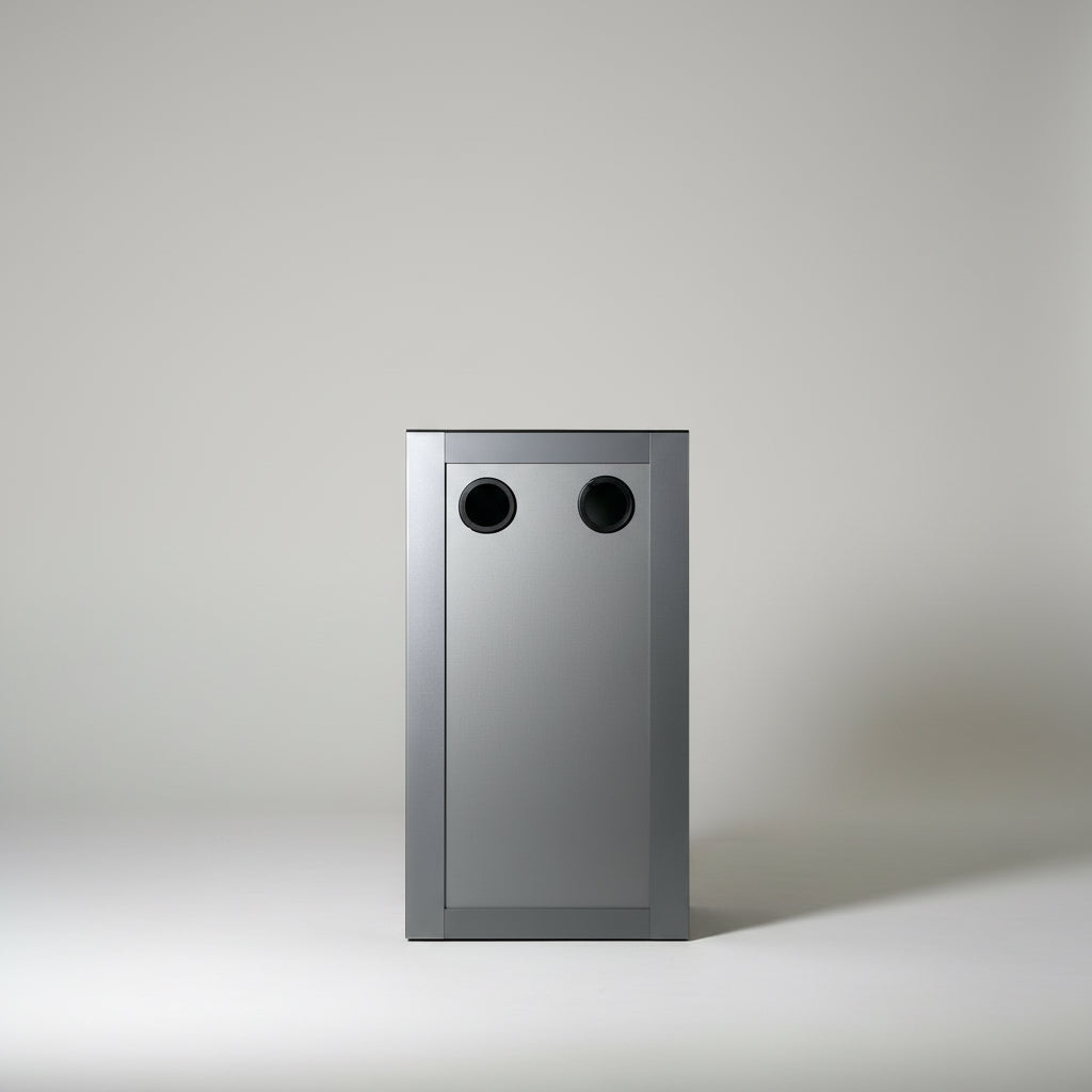 Modern gray aquarium cabinet with two circular handles against a white wall.