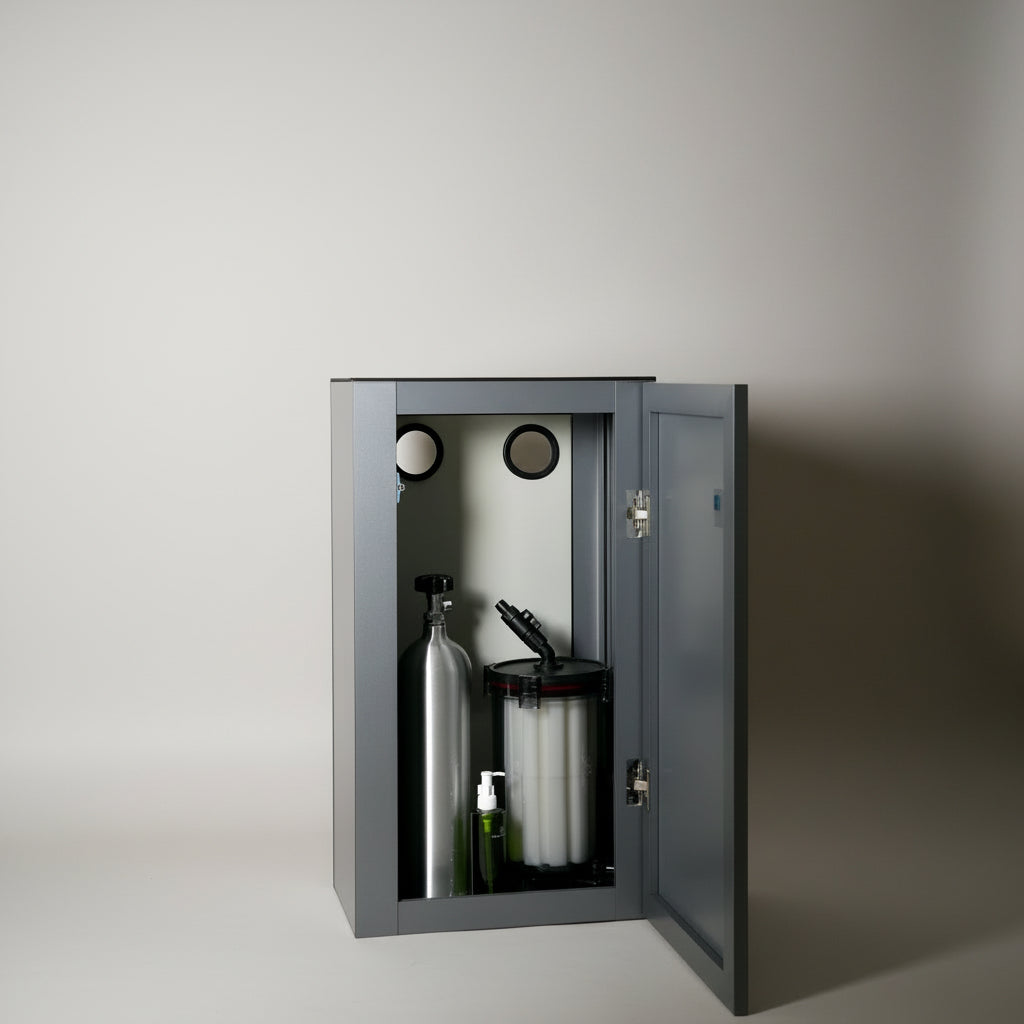 Gray cabinet with filter and co2 items inside on a white floor and wall.