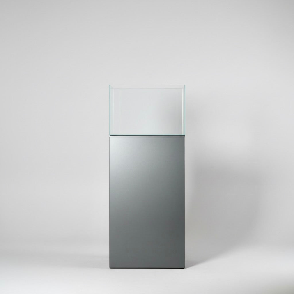 Silver cabinet with an aquarium on a white background