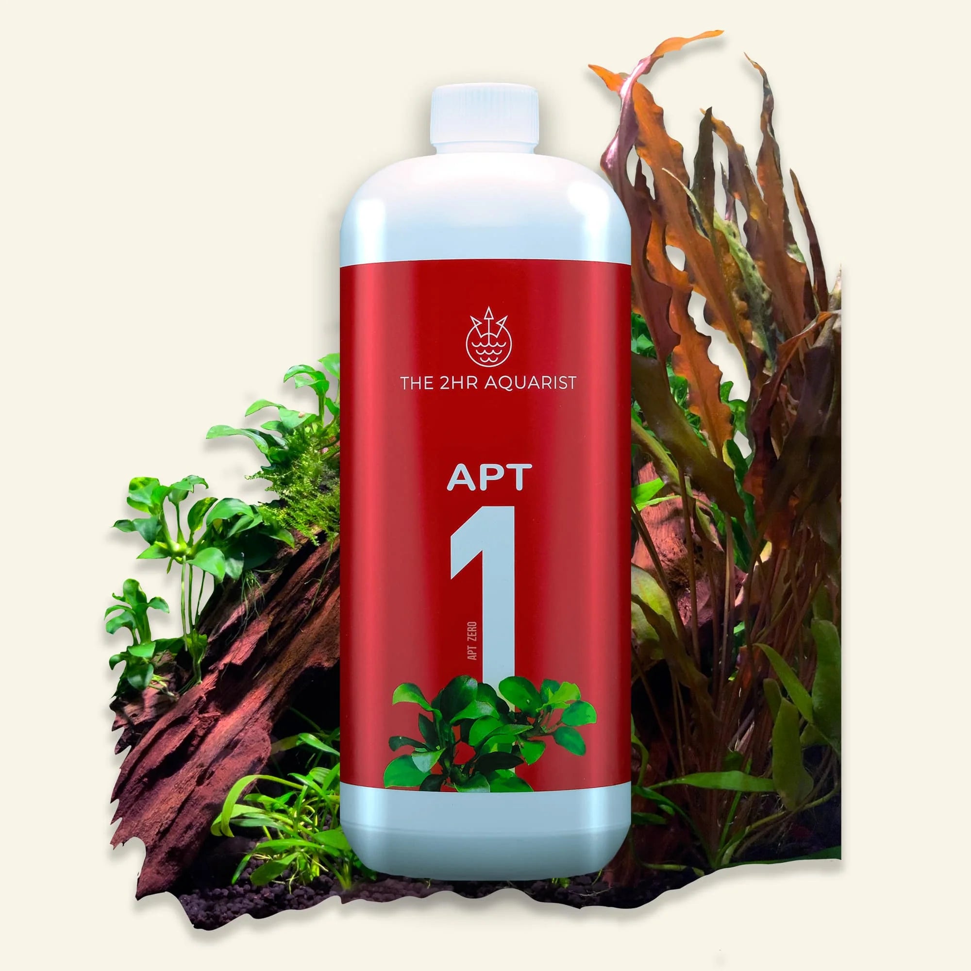 A complete liquid aquarium plant fertiliser with refill bottle labeled '2Hr Aquarist APT 1 Zero' 1000ml.