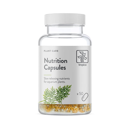 A bottle of Tropica Nutrition Capsules for plant care, indicating slow releasing nutrients for aquarium plants, containing 10 capsules and promoting healthy plant growth.