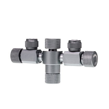 A metallic gray T-shaped aquapro co2 splitter 2 way aquarium system.