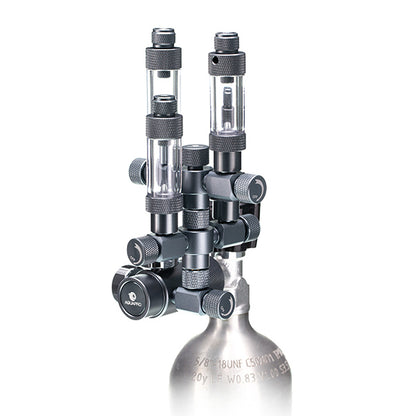 A black and silver dual-channel regulator adapter with stacked co2 splitter aquapro.