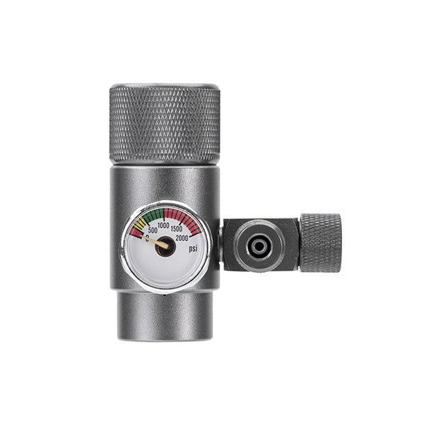 A metallic gray co2 regulator with a round PSI gauge n series aqua pro