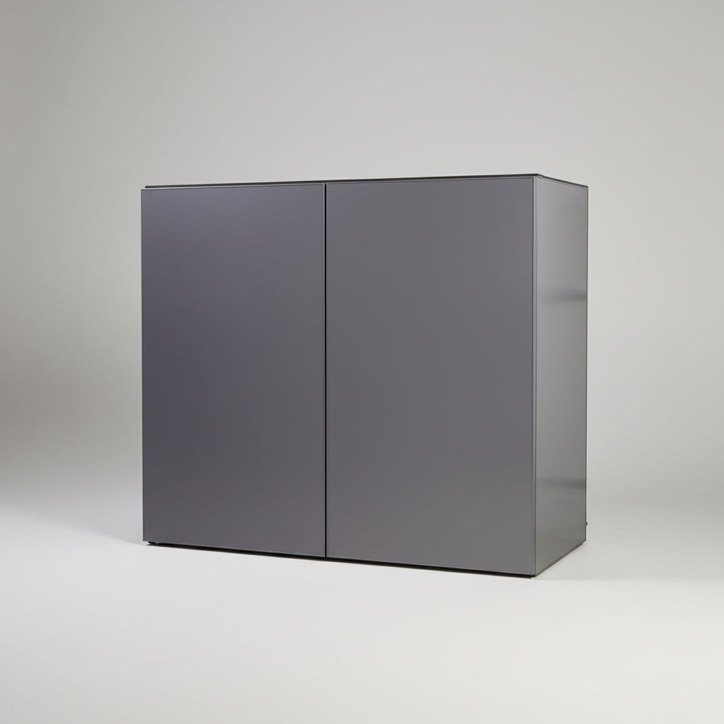 dark gray aluminium aquarium cabinet with two doors