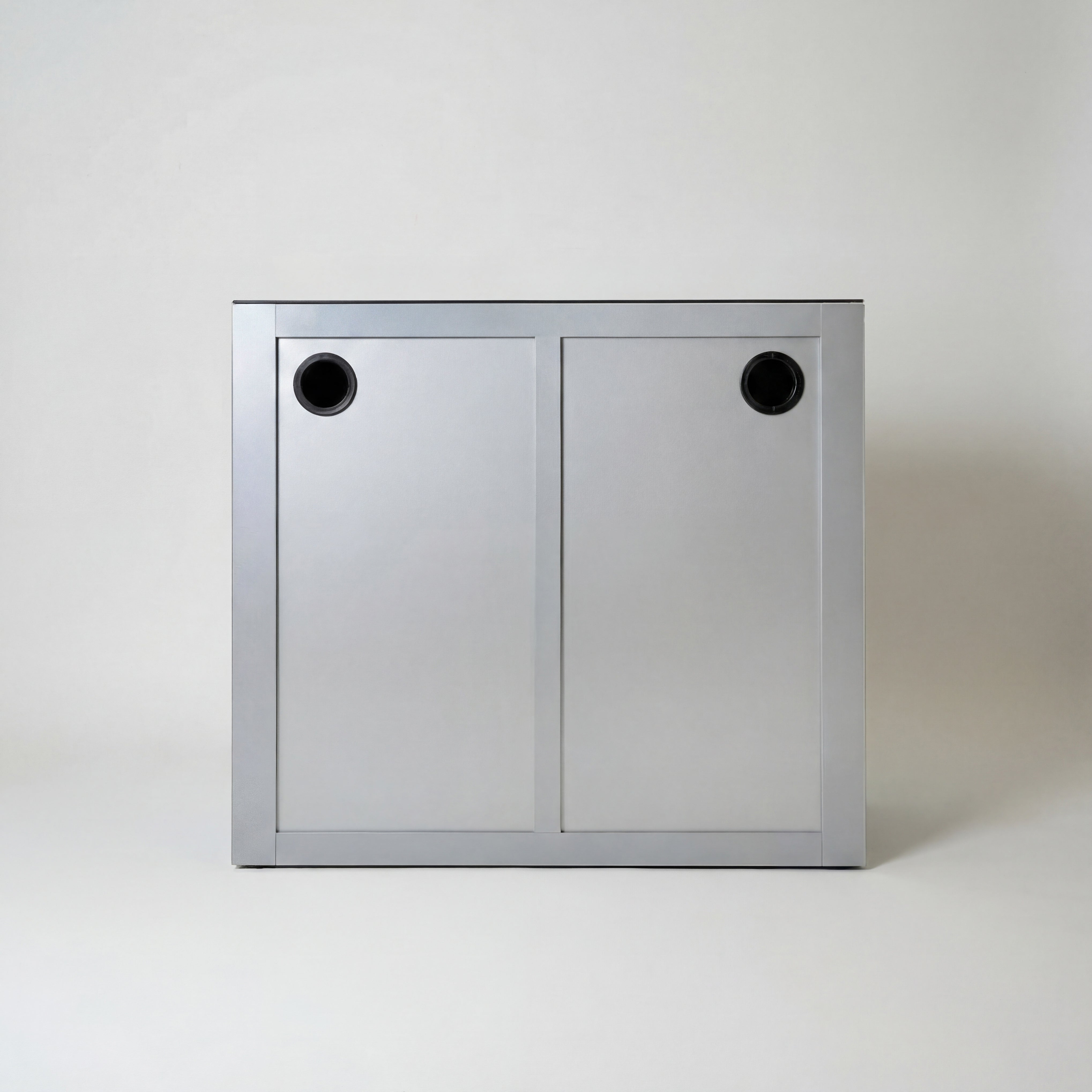 Dark grey metallic aquarium cabinet with two hole cutouts for access