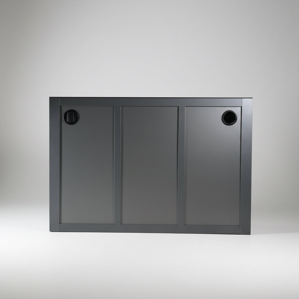 Dark gray aluminium cabinet with three panels and 2 hole cutouts 