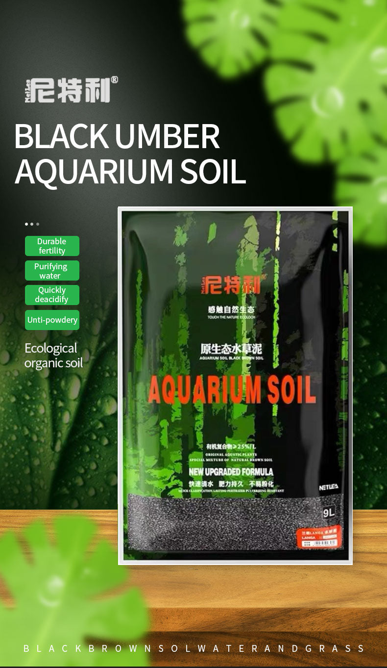 NETLEA V2 Aquarium soil packaging with text and green leaves in the background