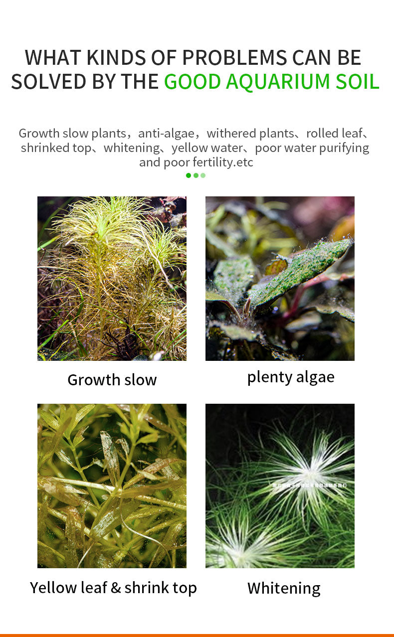 Aquarium soil issues with text and images of plants showing problems like growth slow, yellow leaves, and algae.