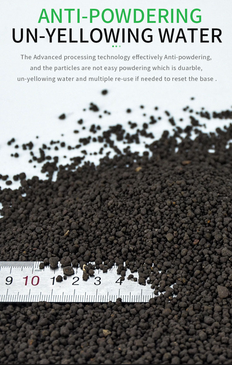Black granular NETLEA V2 soil with a ruler for scale on a white background, featuring text about anti-powdering and un-yellowing water technology.