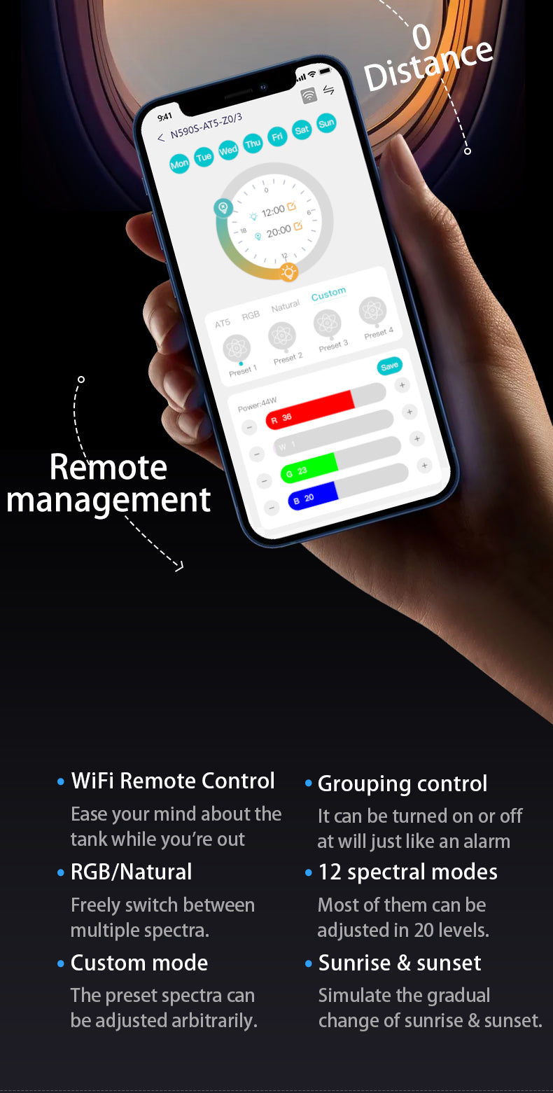 Hand holding a smartphone displaying a remote control app with text about WiFi remote control and features.