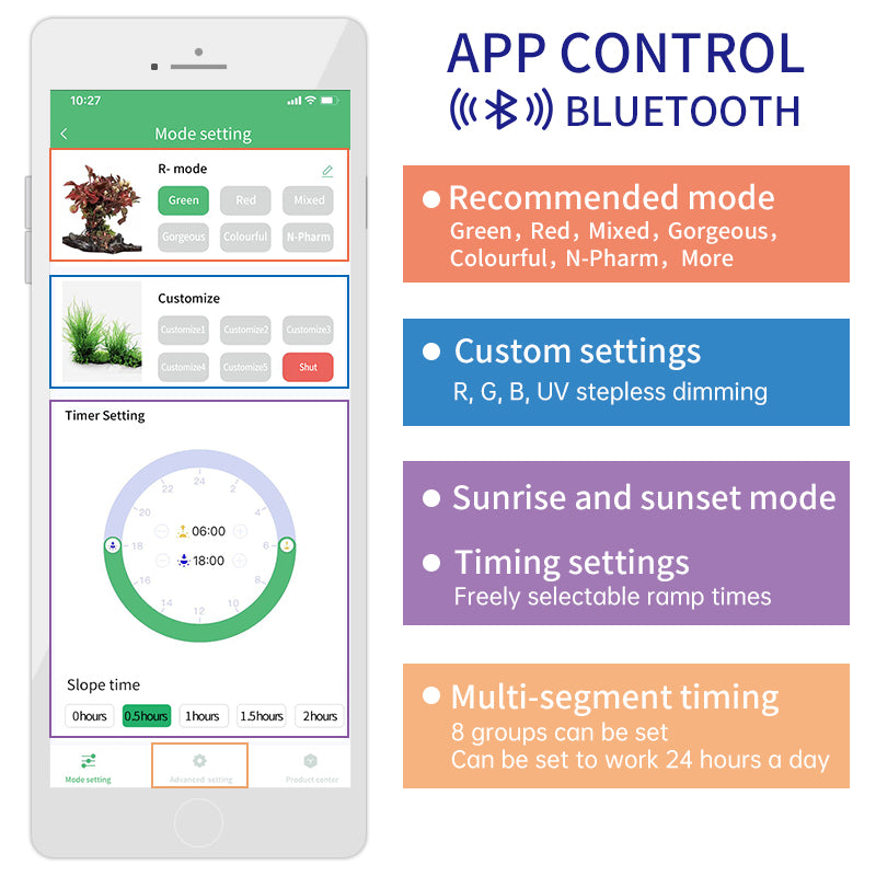 Smartphone app interface for controlling lighting modes and settings with Bluetooth connectivity by weekaqua.