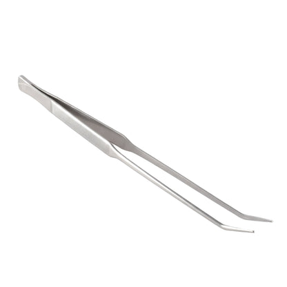 Pair of stainless steel curved tweezers on a white background