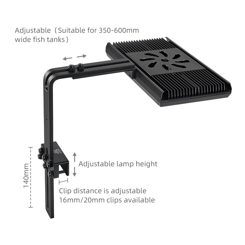 Black adjustable weekaqua z250 pro light for fish tanks with measurements and compatibility details on a white background