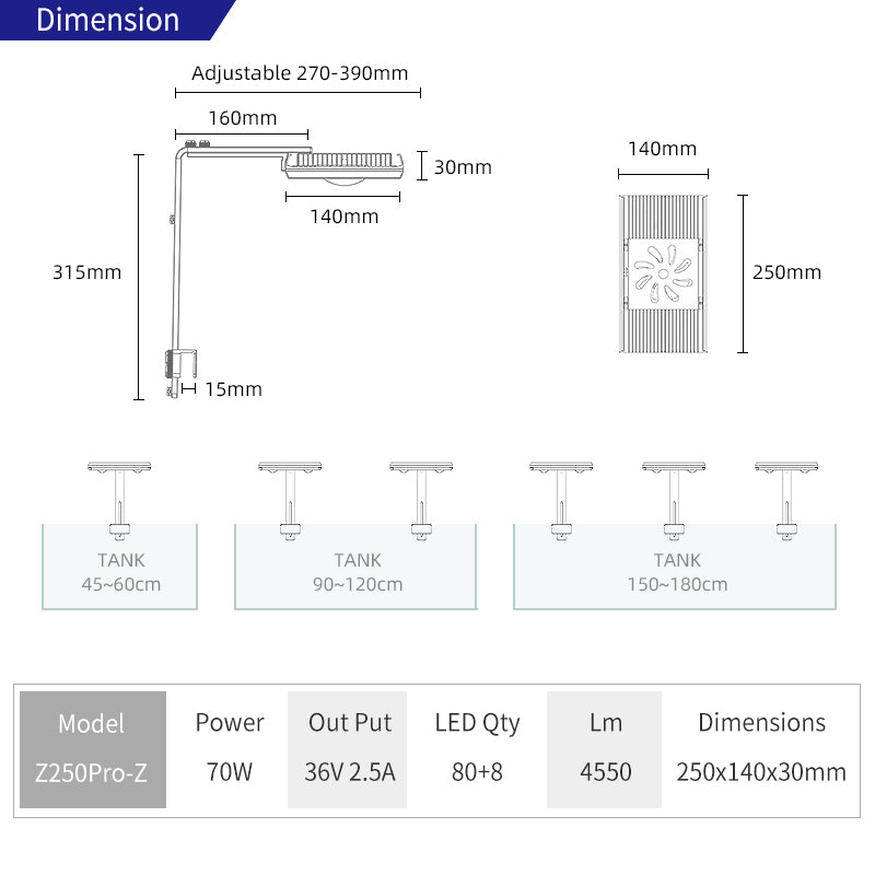 Technical specifications and dimensions of weekaqua z250 pro light fixture with labeled parts and measurements.